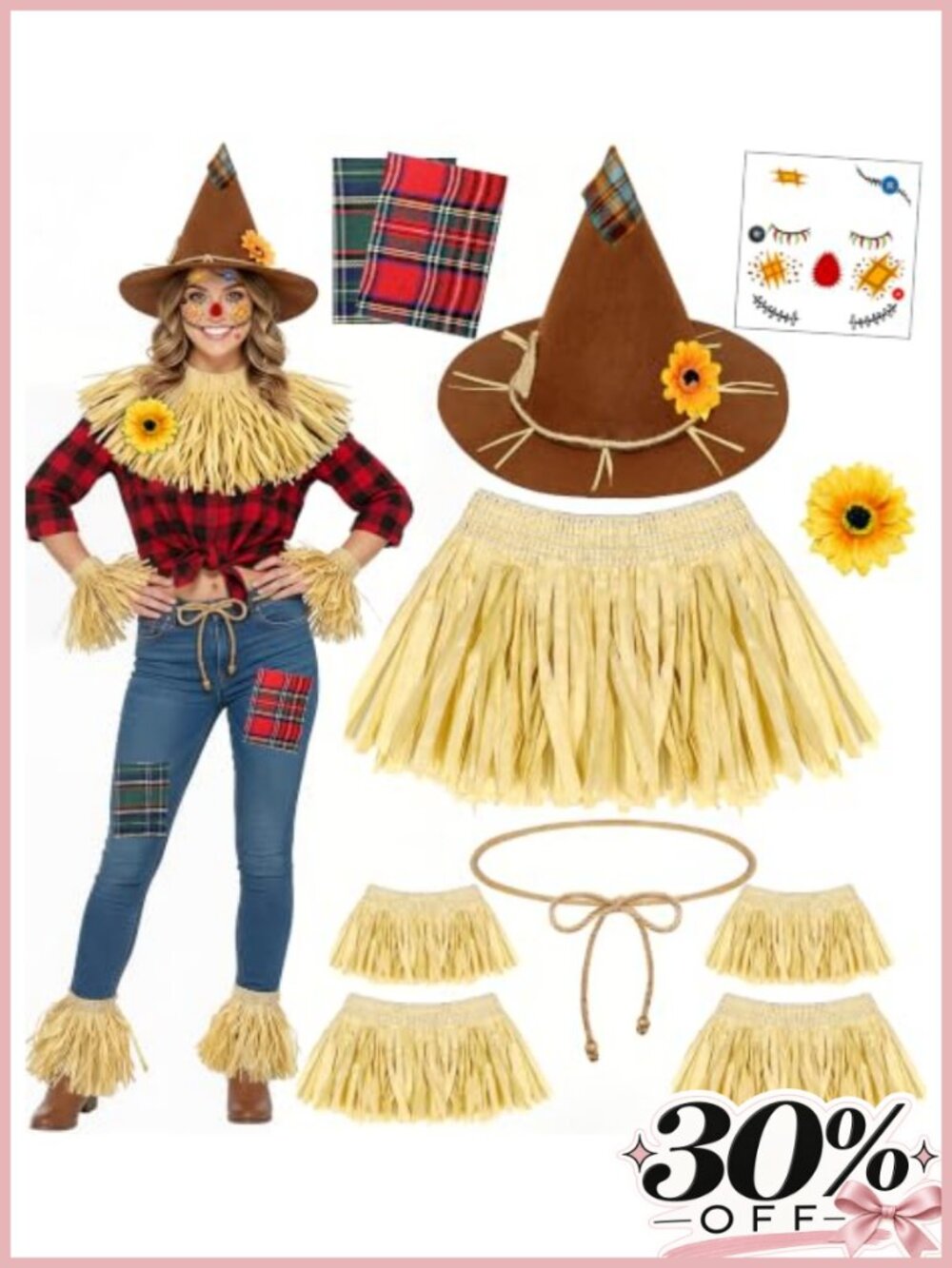 Scarecrow Costume Accessories Set Raffia Hat Headband Wrist Leg Ties Halloween